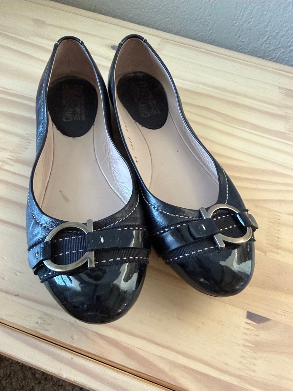 Salvatore Ferragamo Black Leather & Patent Ballet Flats